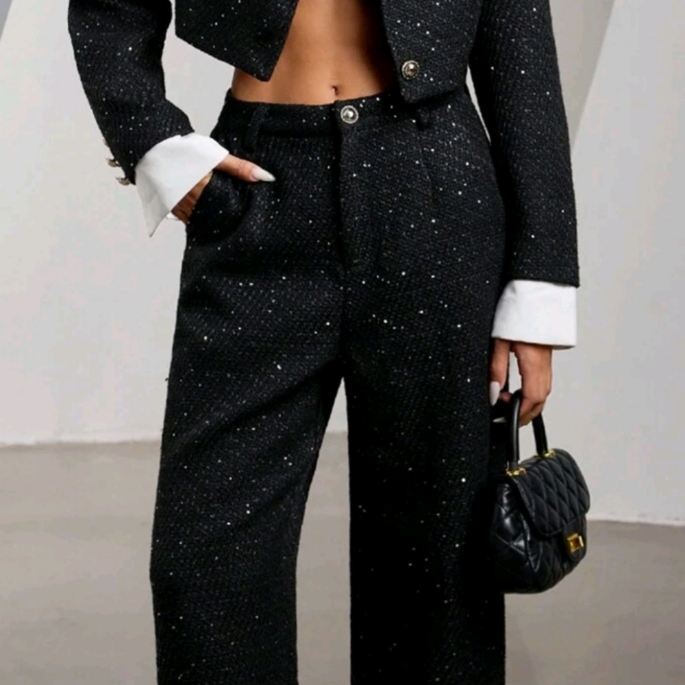 Women"s Straigh Leg High Rise Black Tweed Trousers With Sequins Sz Small NEW